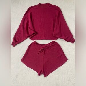 Knitted Cropped Top and Shorts Set - SMALL | BURGUNDY COLOR